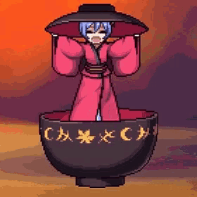 a pixel art drawing of a girl in a red kimono standing in a bowl .