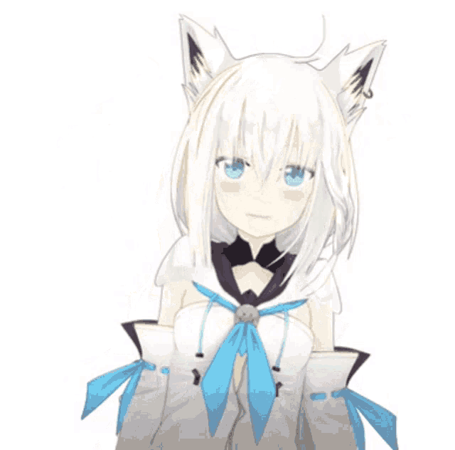 a white anime girl with black ears and a blue bow