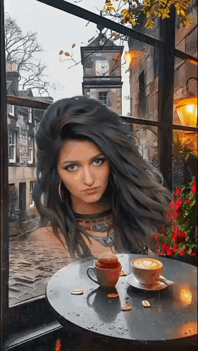 a woman sits at a table with a cup of coffee on it