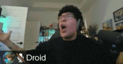 a man wearing headphones and glasses is screaming in front of a sign that says droid