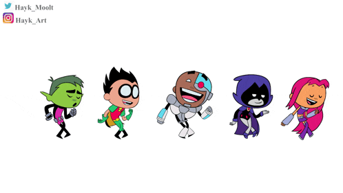 a group of cartoon characters are lined up in a row with hayk_moolt written on the bottom