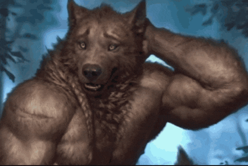 a painting of a werewolf with big muscles and a blue background