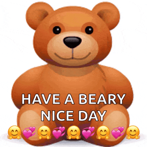 a teddy bear says have a beary nice day surrounded by smiley faces