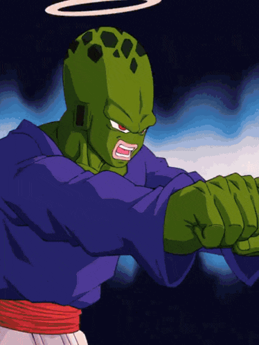 a cartoon character with a green head and a blue shirt