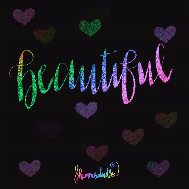 a black background with colorful hearts and the word beautiful