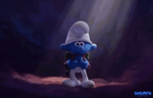 a smurf wearing a white hat and a backpack with the word smurfs on the bottom