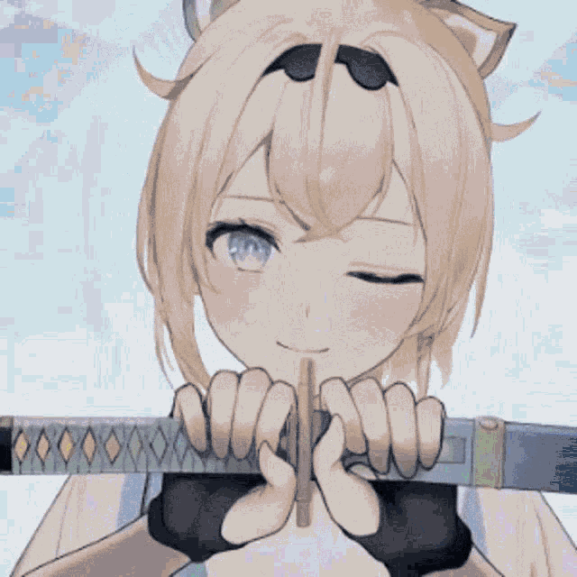 a girl with a sword in her mouth is holding a pink object .