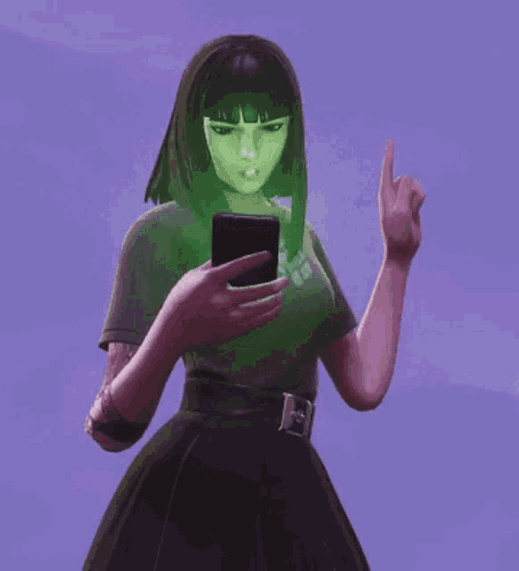 a woman with green hair blowing a green bubble with her phone