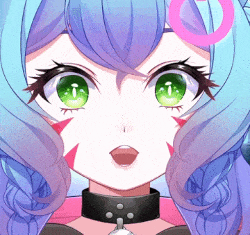 a girl with purple hair and green eyes is wearing a choker