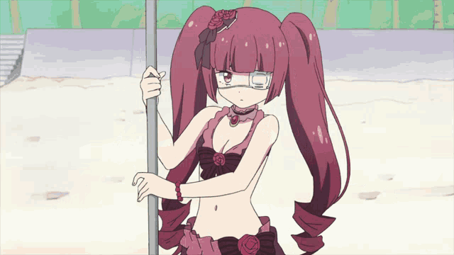 a girl with purple hair and glasses is standing on the beach