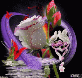 a couple of birds sitting on top of a flower with a picture of a heart behind them