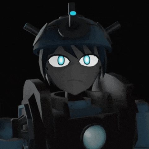 a close up of a cartoon character with blue eyes and sharp teeth