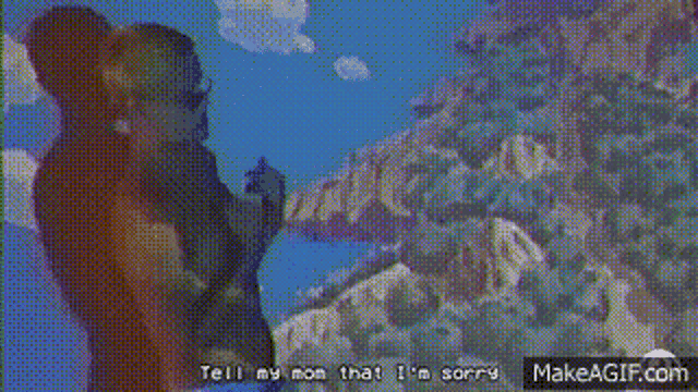 a woman in a bikini is standing in front of a screen that says tell my mom that i 'm sorry ..