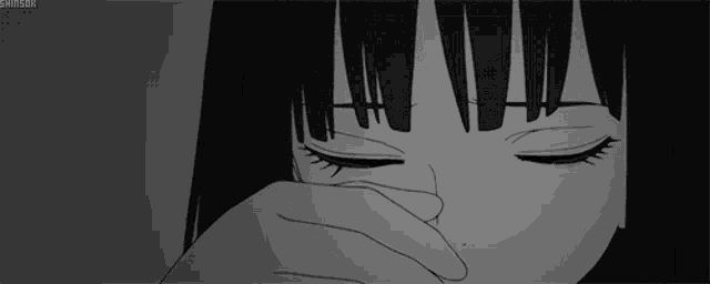 a black and white drawing of a girl crying with her eyes closed .
