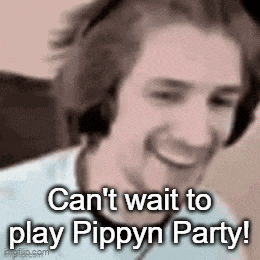 a man wearing headphones is smiling and saying `` can 't wait to play pippin party ! ''