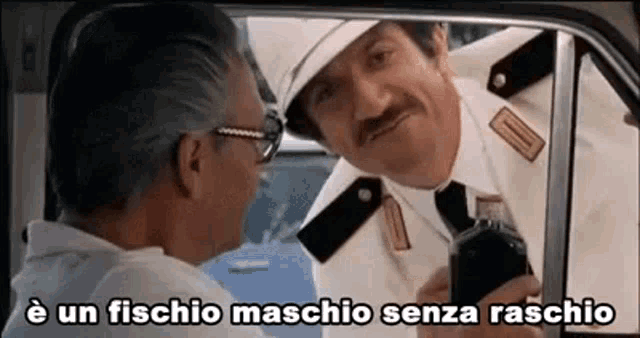 two men in military uniforms are talking to each other in a car and one of them is holding a bottle .
