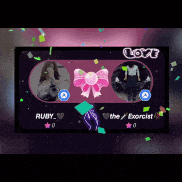 ruby and the exorcist are on a screen with a pink bow