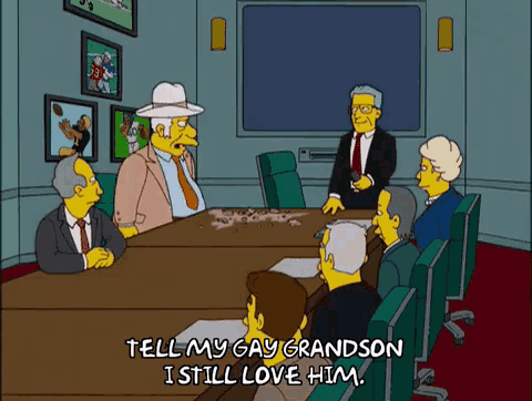 a cartoon of a group of men sitting around a table with the words tell my gay grandson i still love him on the bottom
