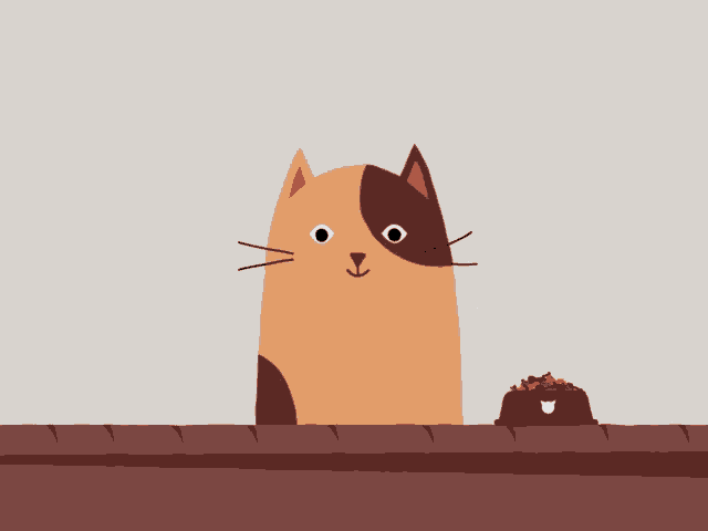 a cartoon cat with a brown spot on its face looks at something