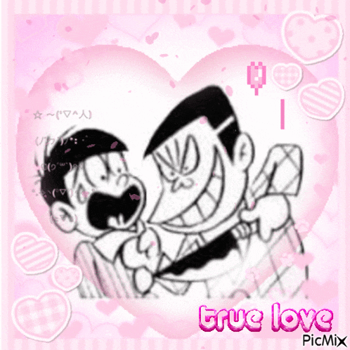 a black and white drawing of two men with the words true love on the bottom