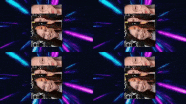 a collage of images of a woman with glasses and a purple background