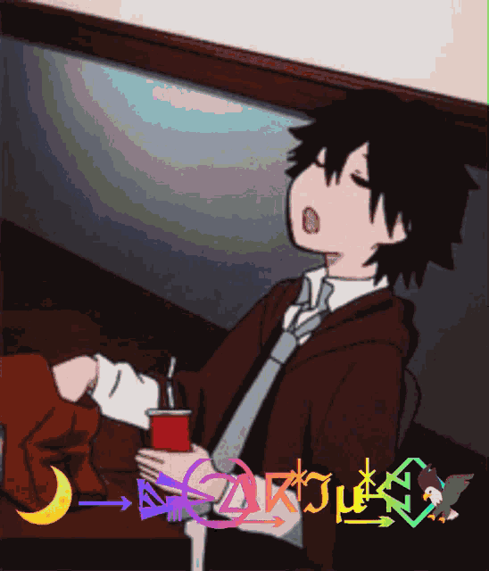 a man in a suit and tie is sleeping with a cup of coffee in his hand