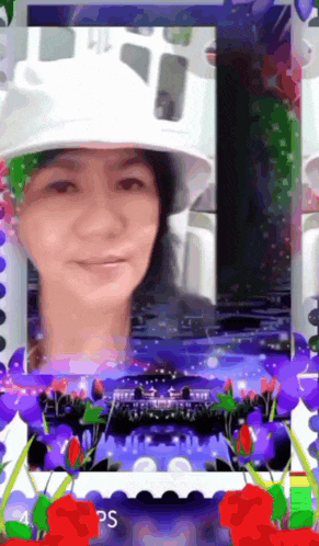 a woman in a white hat is surrounded by flowers