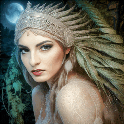 a woman with feathers in her hair and a crown