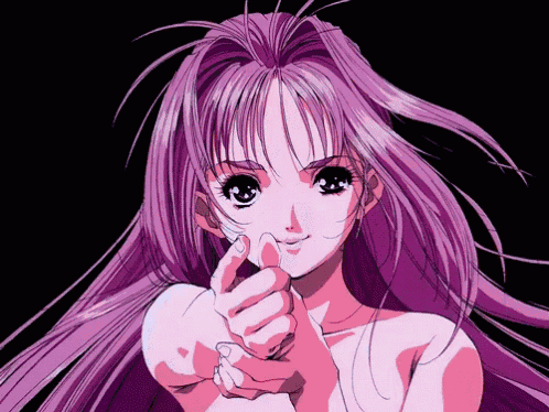 a girl with long purple hair is pointing at the camera