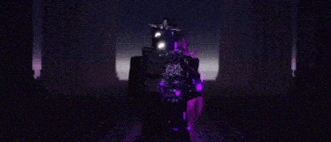 a purple robot is standing in a dark room with purple lights .