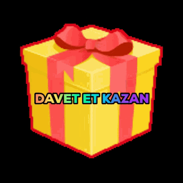 a yellow gift box with a red bow and the words davet et kazan below it