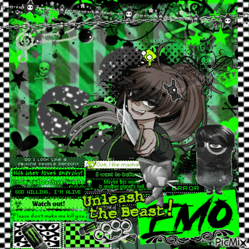 a picture of a girl with a knife and the words unleash the beast on the bottom