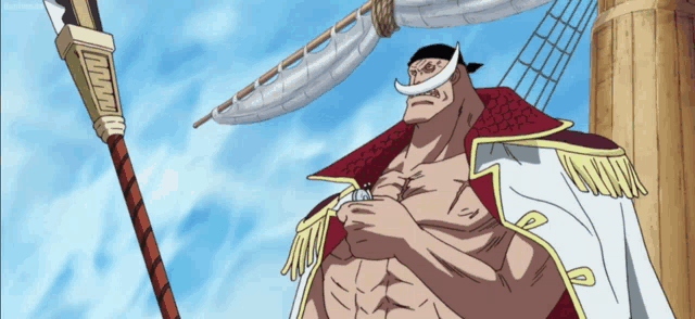 a man with a white mustache is holding a spear in his hand