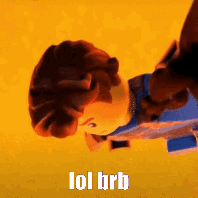 a close up of a lego character with the words lol brb written below it
