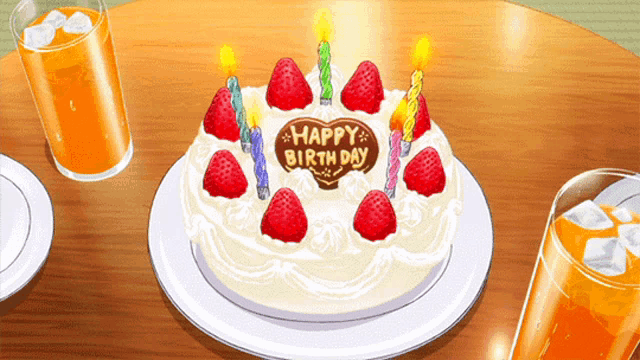 a happy birthday cake with strawberries and candles on it