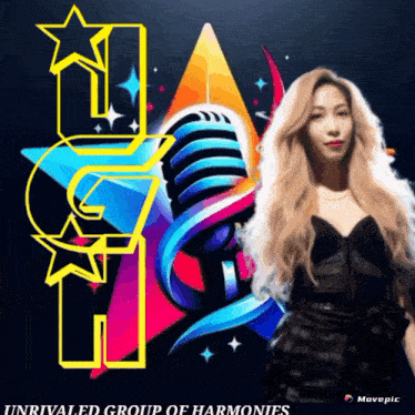 a woman in a black dress stands in front of a microphone with the words unrivaled group of harmonies