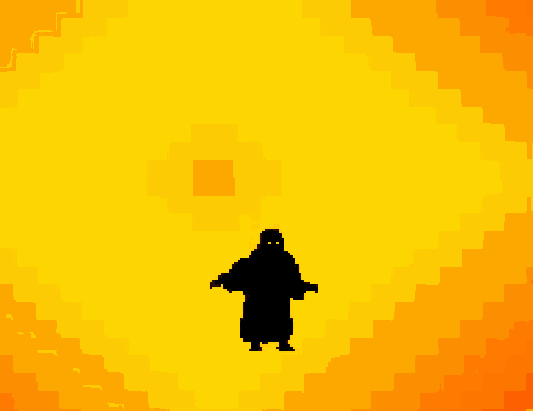 a pixel art silhouette of a man with his arms in the air against a red and orange background .