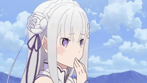 a girl with white hair and purple eyes is covering her mouth with her hand .