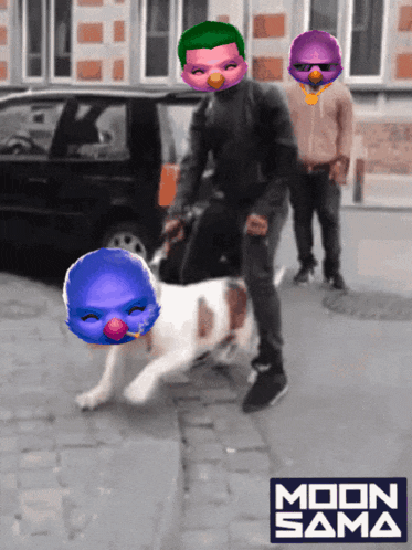 a man is walking a dog on a leash with a moon sama sign in the background