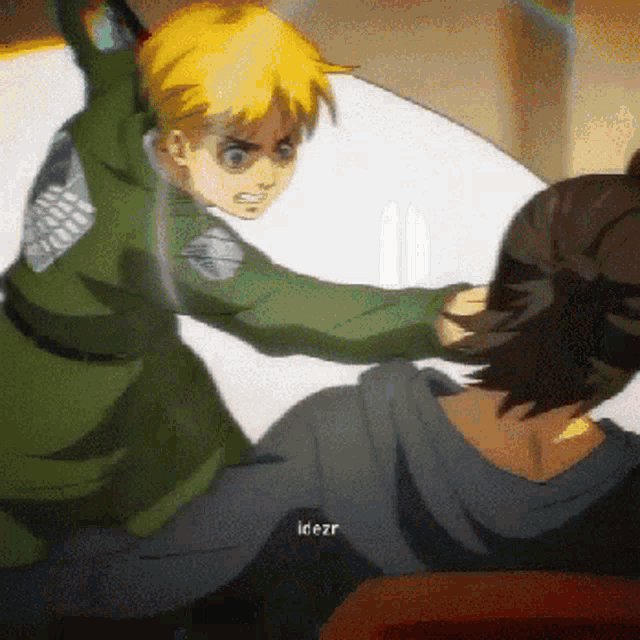 a pixelated image of a man in a green jacket holding another man 's arm