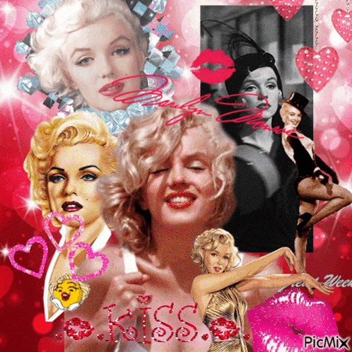 a collage of pictures of marilyn monroe with the words kiss on the bottom right