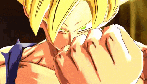 a close up of a cartoon character 's face with his fist in the air