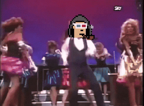 a pixel art of a man wearing 3d glasses dancing on stage