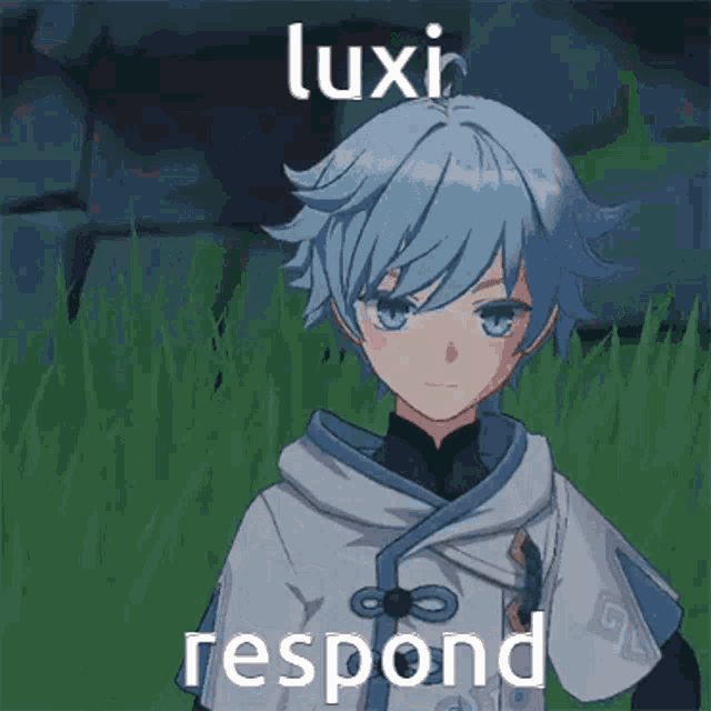 a blue haired anime character with the words luxi respond