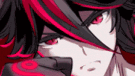 a close up of a person 's face with red and black hair .