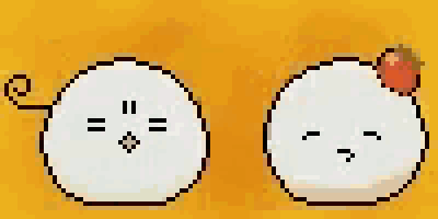 a pixel art drawing of two white balls with different faces .
