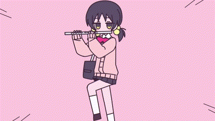 a cartoon girl is playing a flute while sitting on a pink background .