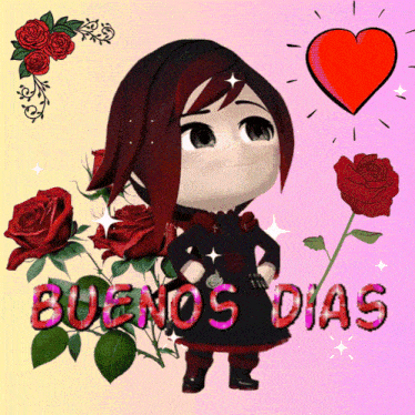 a girl with red hair is holding a red rose and the words buenos dias are above her