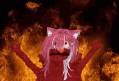 elmo is wearing a pink cat costume and surrounded by flames .