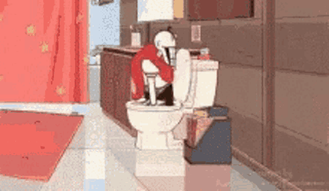 a cartoon character is sitting on a toilet in a bathroom with a red curtain .